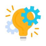 Icon of a bright yellow lightbulb, surrounded by cogs and sparks to indicate an idea