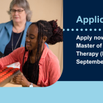 Students learning how to use OT testing kits with a Professor. Text reads Applications open. Apply now to join our Master of Occupational Therapy (MOT) program in September 2025